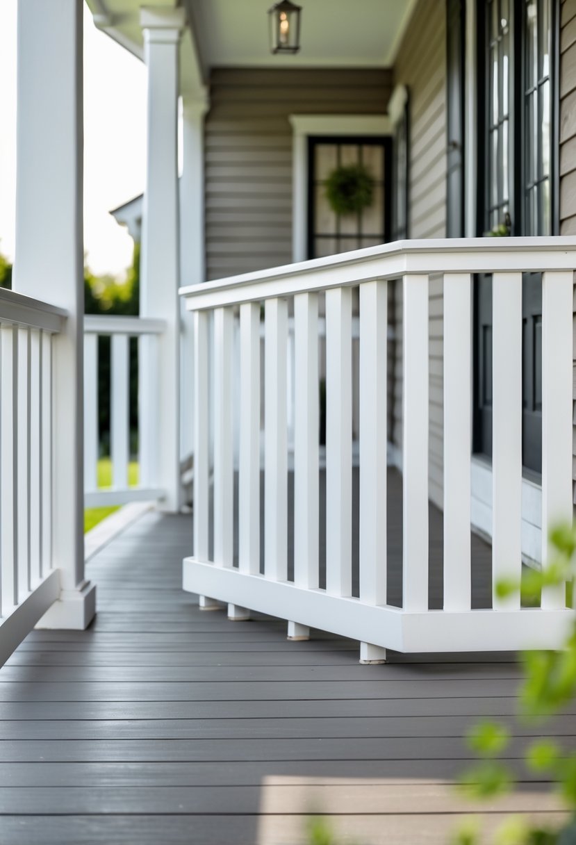 A farmhouse porch with thirteen white synthetic wood-alternative railings and a wooden floor, with part of the house and some greenery in the background.