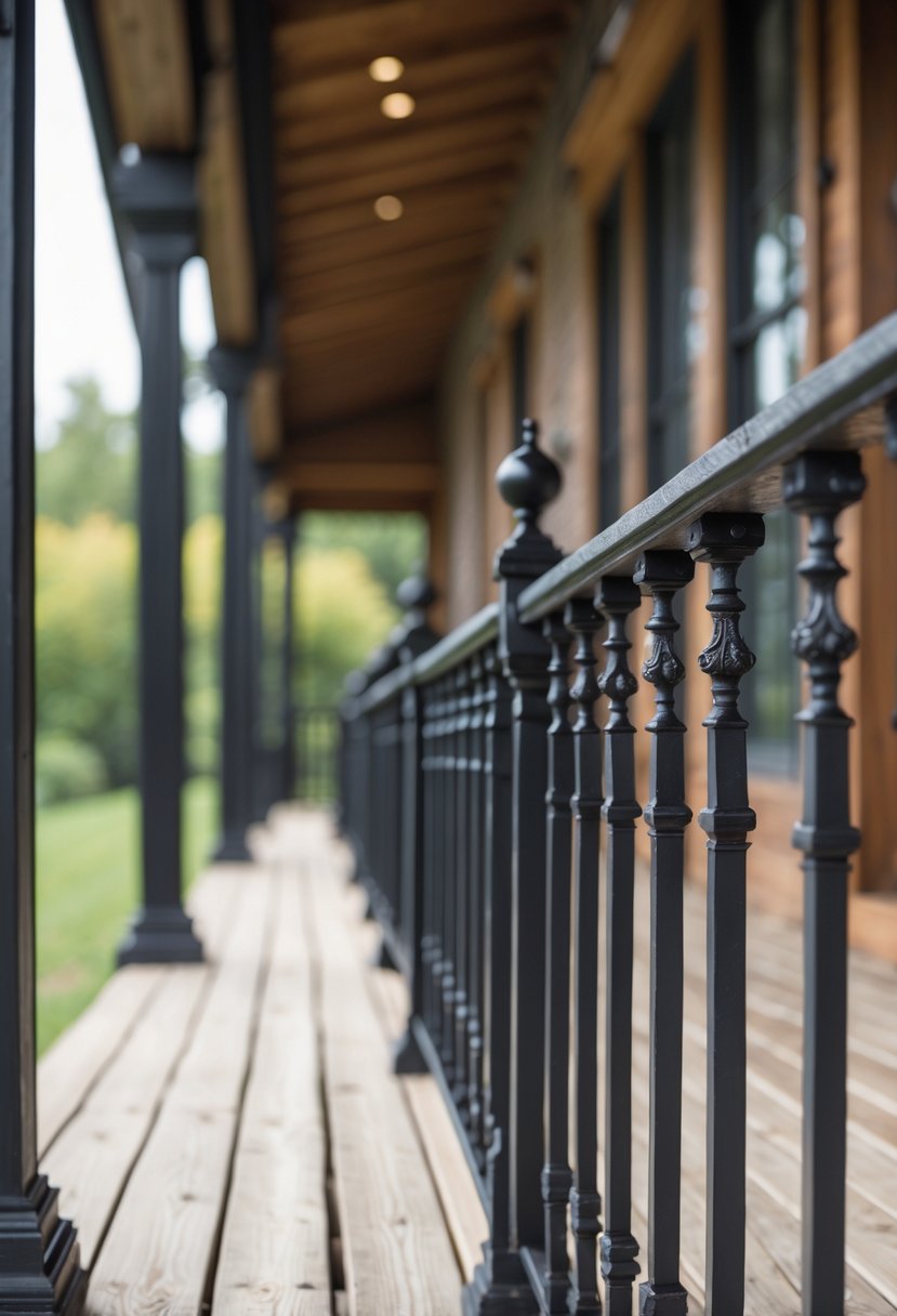 Thirteen black wrought iron porch railings lined up outdoors on a wooden porch.