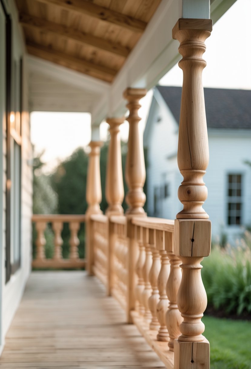 Close-up view of simple wooden balusters on a farmhouse porch railing with a rustic house and plants in the background.