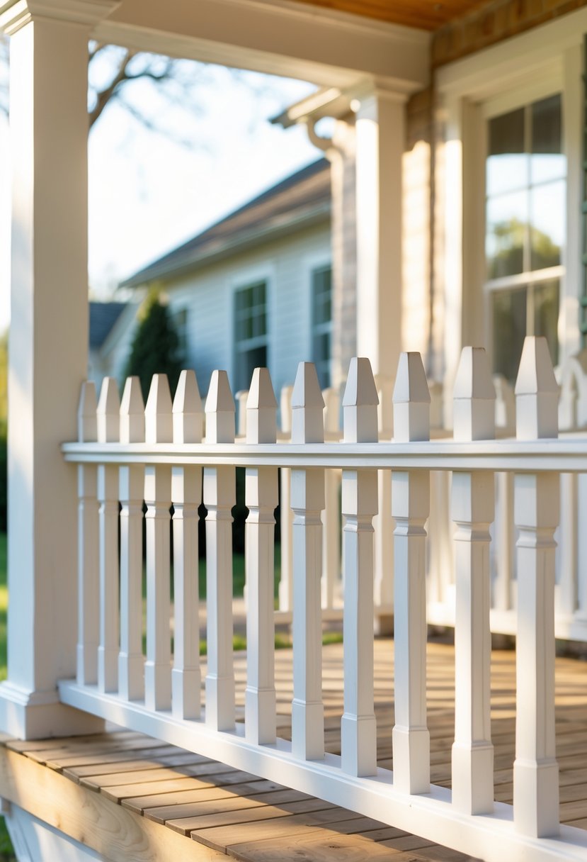 A farmhouse porch with thirteen white picket-style railings and a wooden floor.