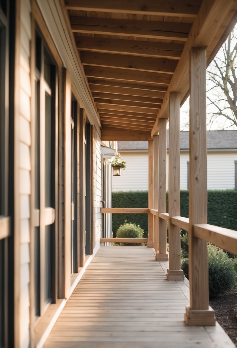 A farmhouse porch with thirteen horizontal wooden railings and a rustic house exterior in the background.