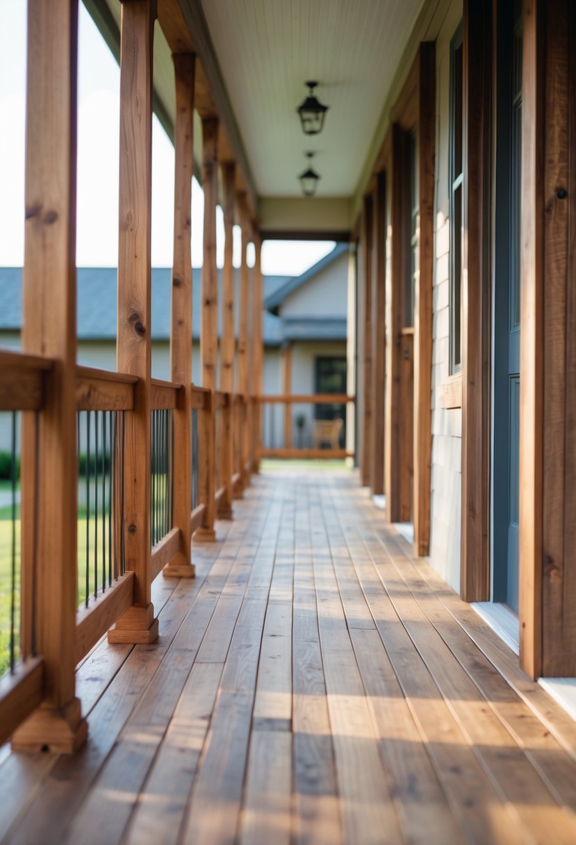 A farmhouse porch with thirteen natural wood stained railings evenly spaced along the edge.