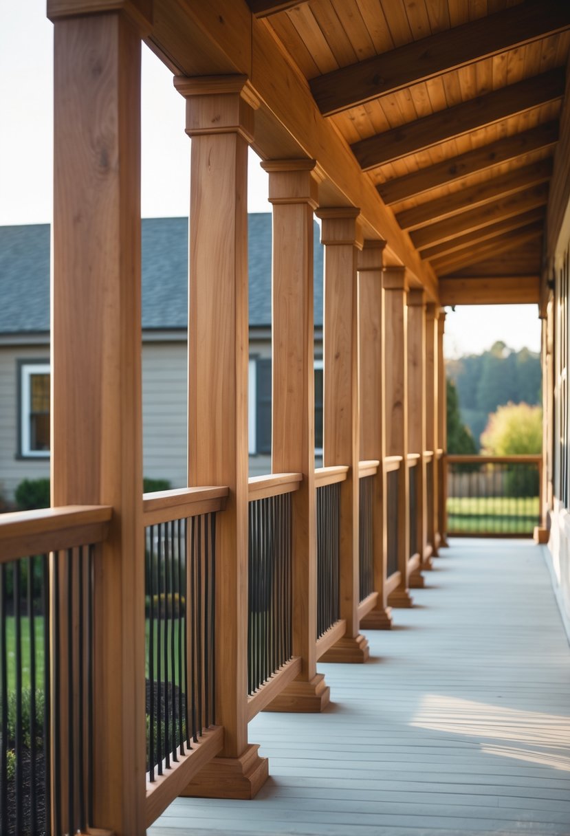 A porch with thirteen wooden railings and a view of a house and garden in the background.