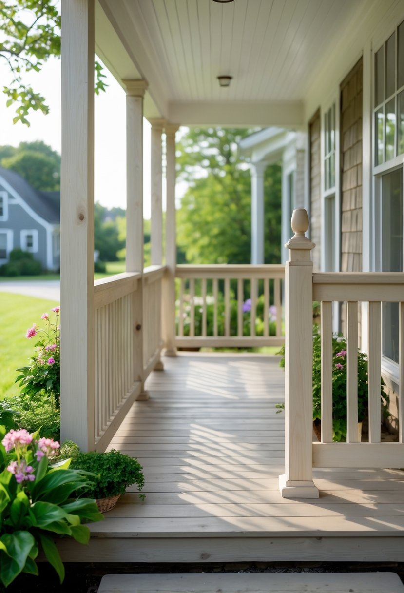 A farmhouse porch with wooden railings surrounded by plants and flowers.