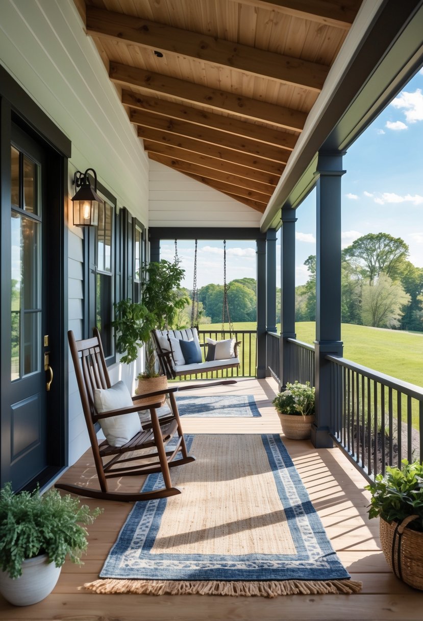 A spacious front porch with wooden flooring, seating, plants, and a front door under a clear sky.