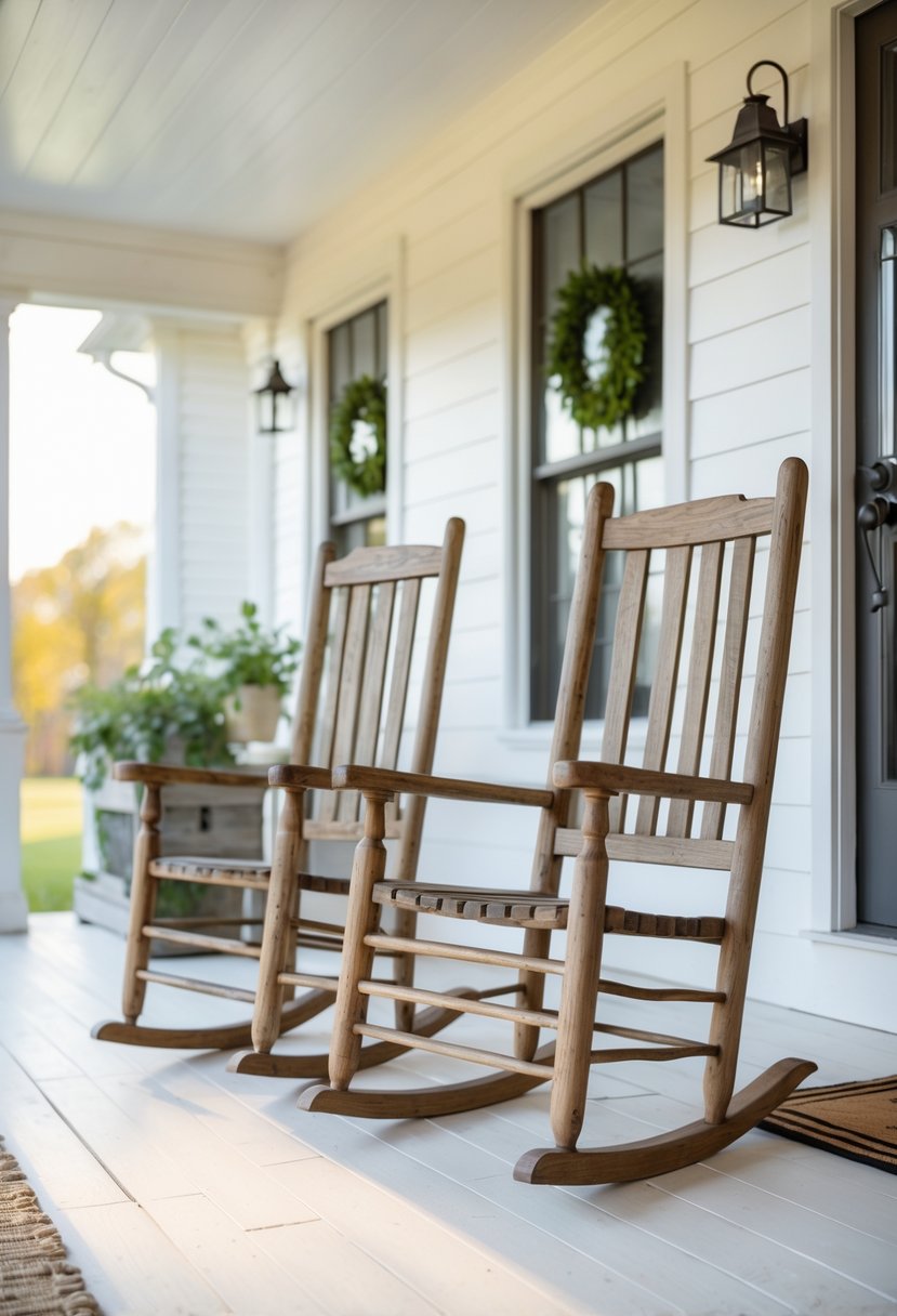 Two wooden rocking chairs on a front porch with plants and a door in the background.