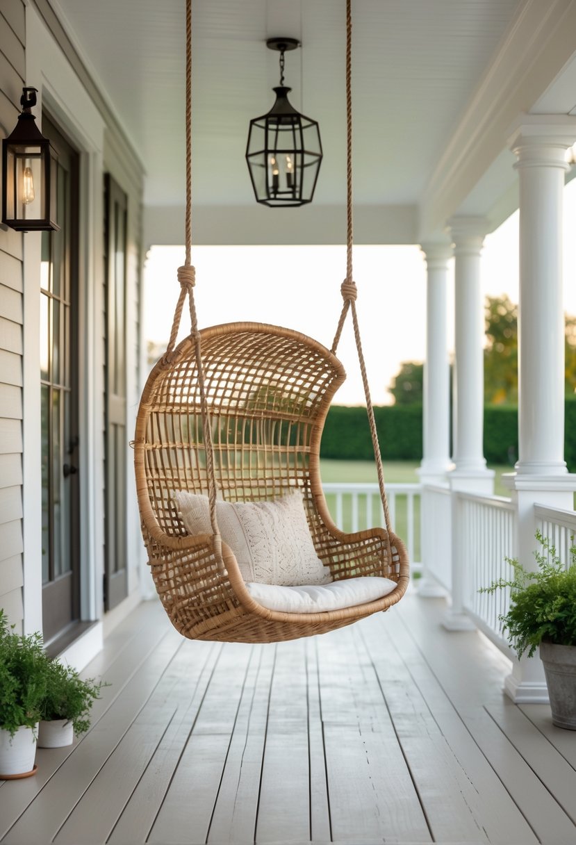 A woven rattan swing chair hanging on a front porch with wooden flooring and plants nearby.