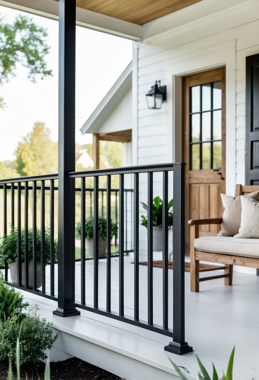 Front porch with black metal railing, wooden flooring, potted plants, and a wooden bench.