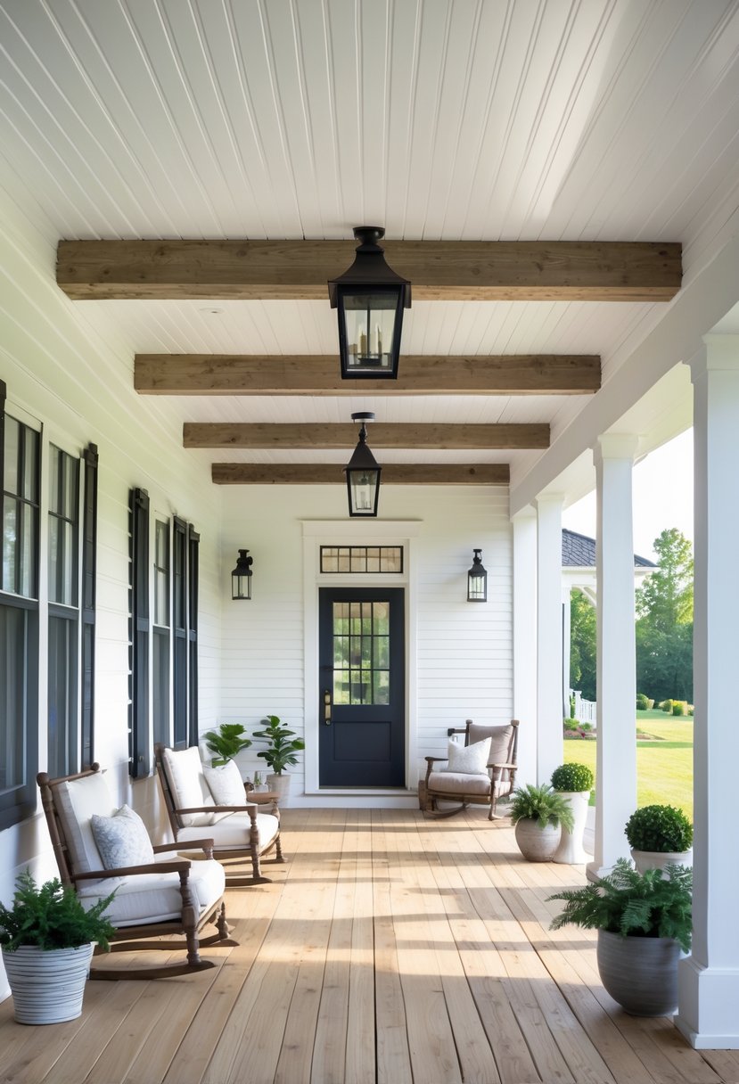Front porch with white beadboard ceiling, wooden beams, seating area, and potted plants.