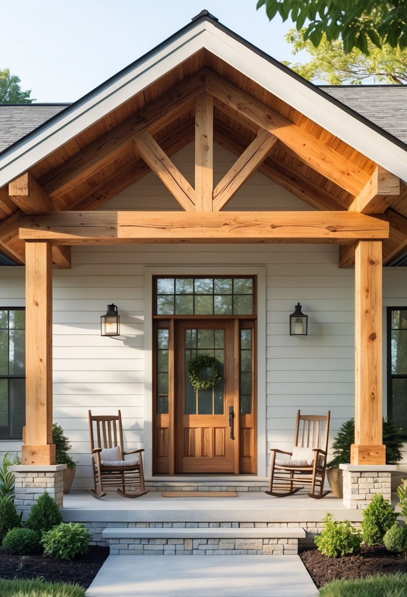 Front porch of a house with wooden beams, a covered roof, and outdoor seating surrounded by plants.