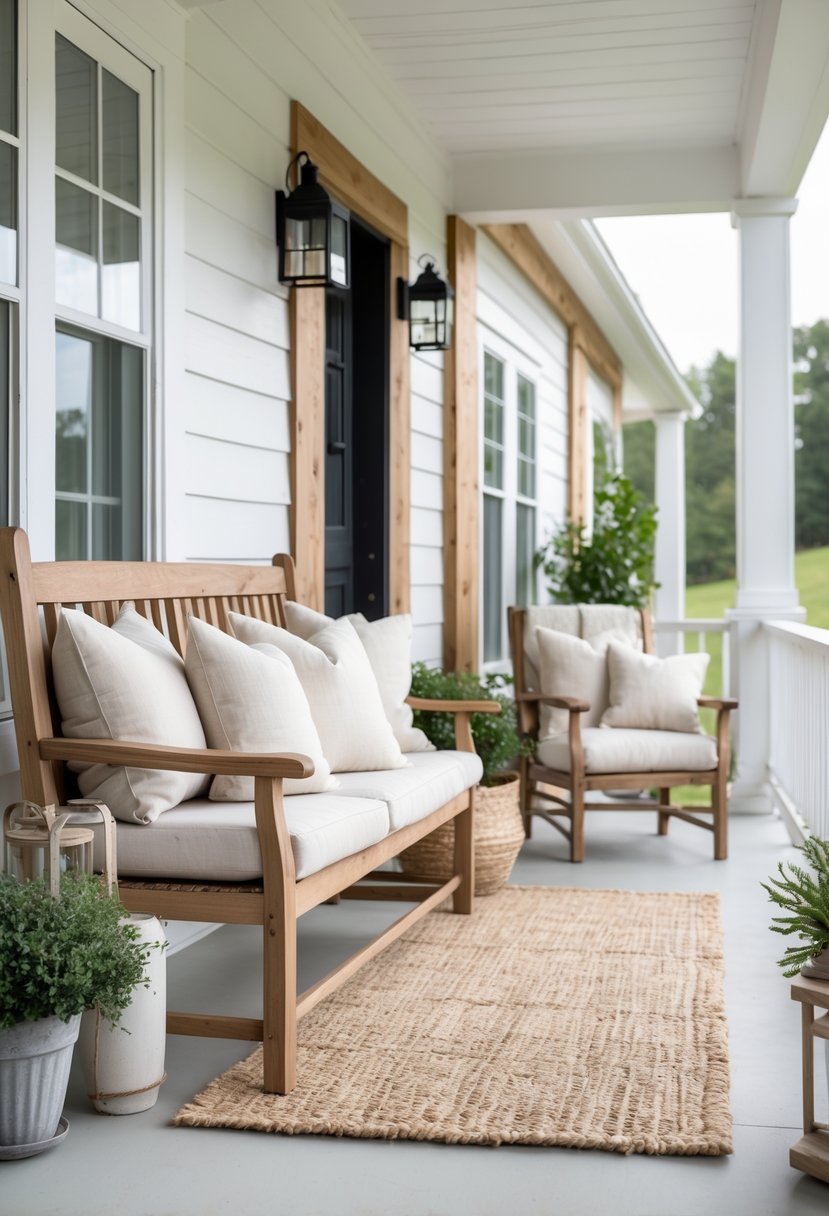 Front porch with wooden bench and chairs featuring soft outdoor cushions, surrounded by plants and natural light.