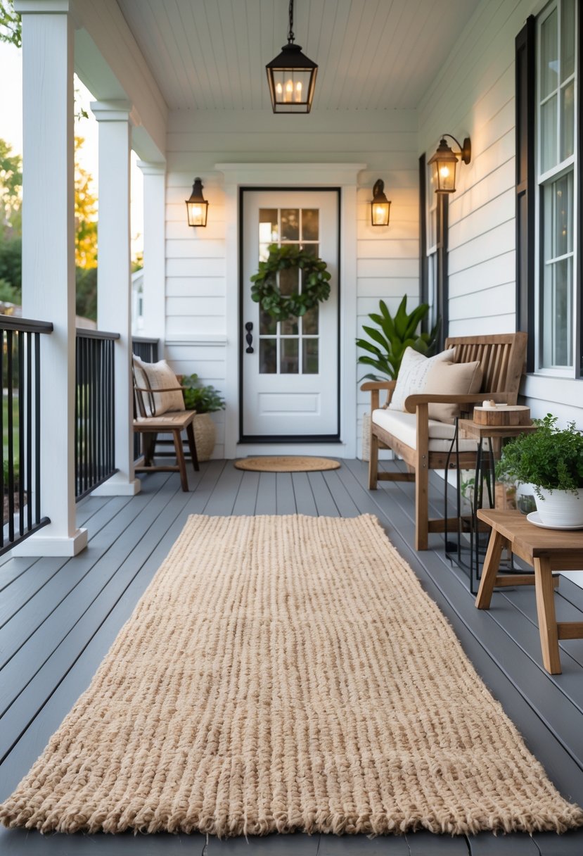 Front porch with a natural woven area rug, wooden bench with cushions, plants, and a welcoming door.