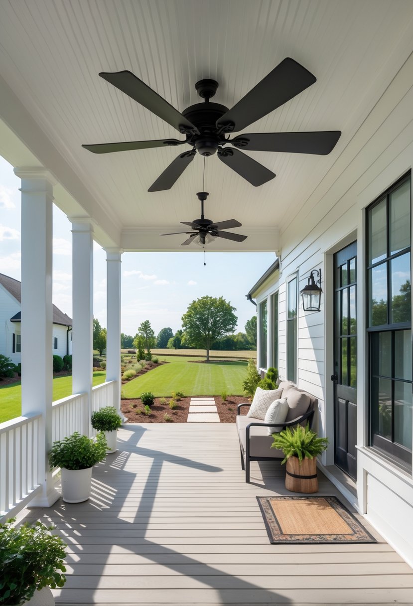 A front porch with a black ceiling fan mounted on the ceiling, surrounded by seating and plants.