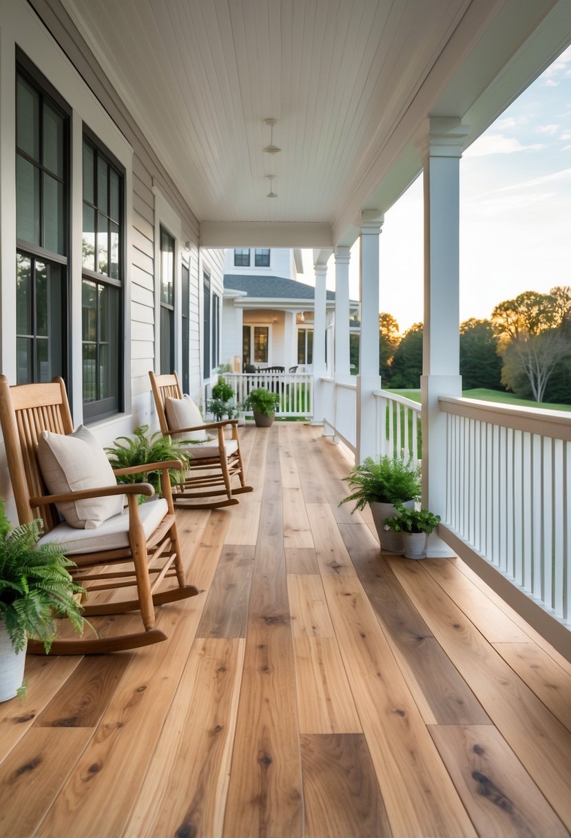 Front porch with wide plank hardwood flooring, seating, plants, and a house exterior in daylight.