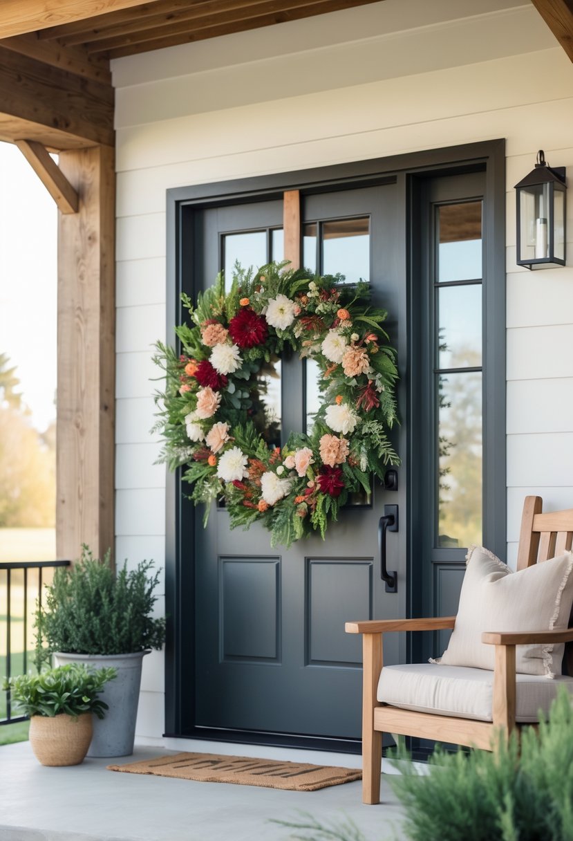Seasonal floral wreath hanging on the door of a modern farmhouse front porch with seating and plants.