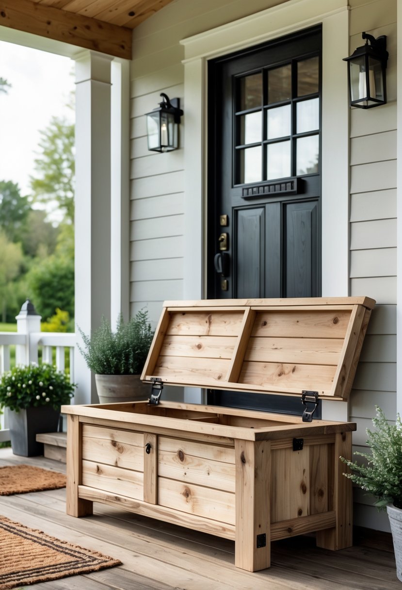 A wooden bench with storage on a house front porch surrounded by plants and a door.