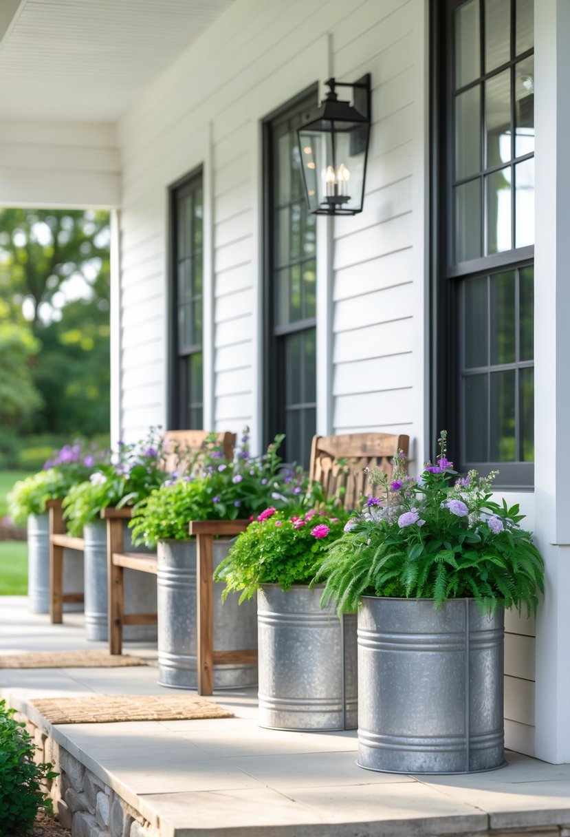 Front porch with galvanized metal planters filled with plants and flowers.