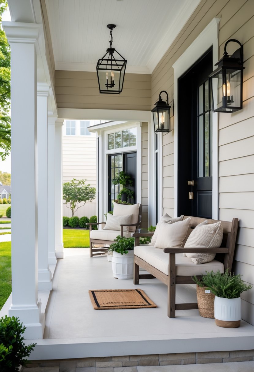 Front porch of a house with neutral colors and black accents, featuring seating and plants.