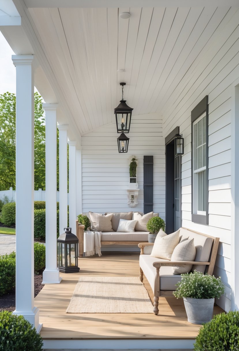 Front porch of a house with white siding, wooden floor, seating, and plants.