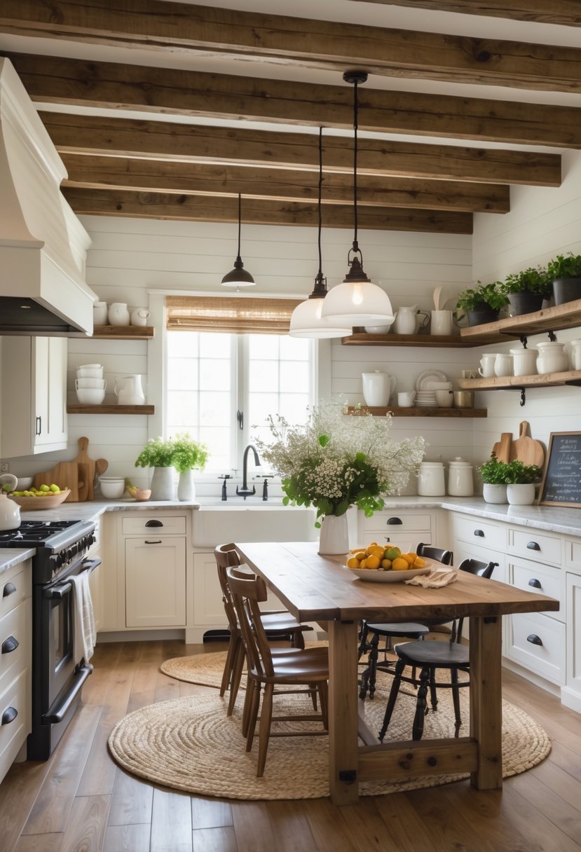 A warm and inviting farmhouse kitchen with wooden beams, a large dining table, farmhouse sink, open shelves with dishes, and natural light coming through a window.