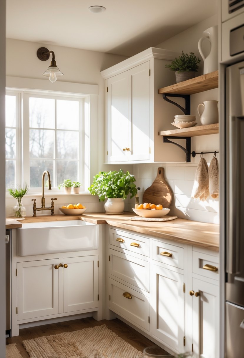 A bright kitchen with white cabinets and brass handles, featuring wooden countertops and a farmhouse sink.