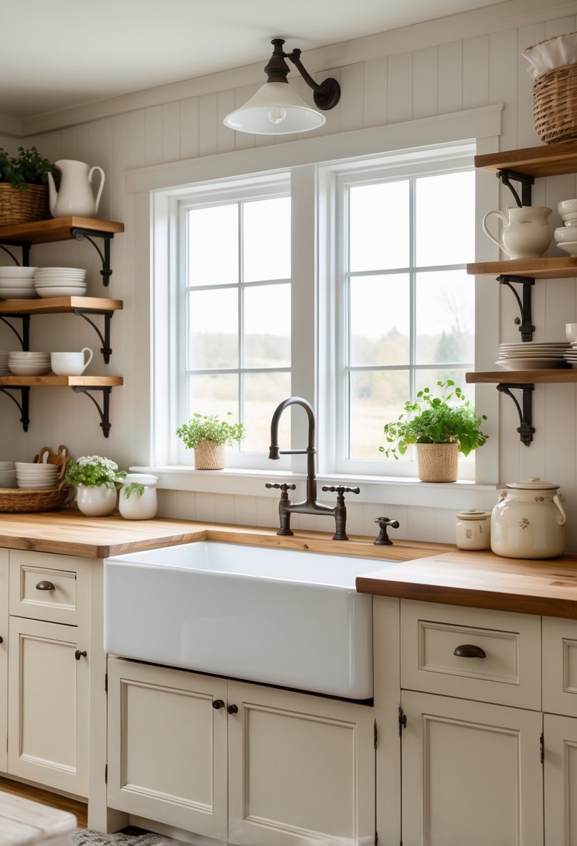 A cozy kitchen with a large white apron-front sink under a window, wooden countertops, and rustic cabinets.