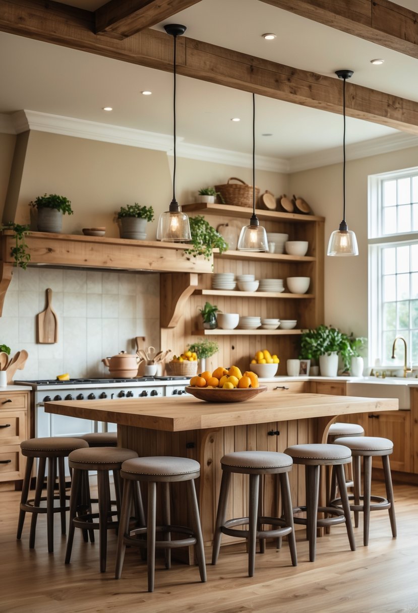 A large kitchen island with seating for 15 people in a warm and inviting kitchen.