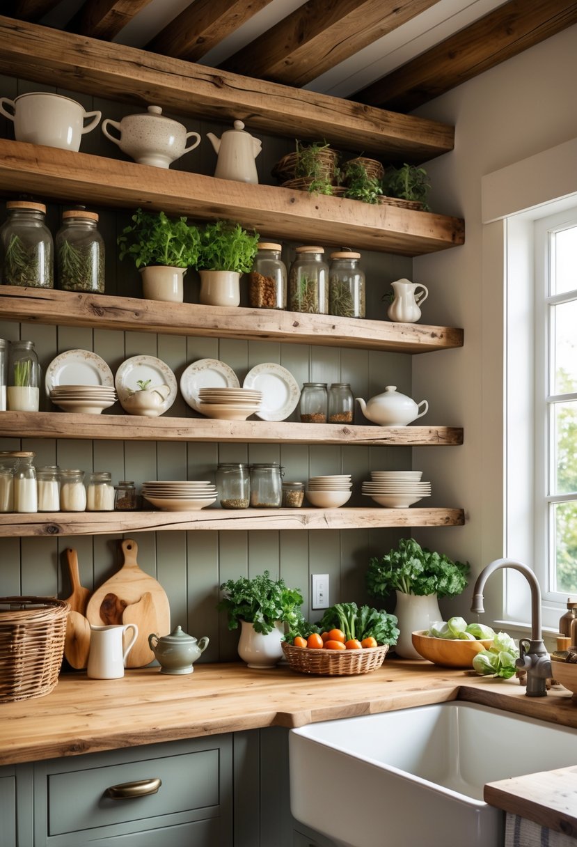 A cozy kitchen with open rustic wood shelves holding dishes, jars, and plants above a countertop.