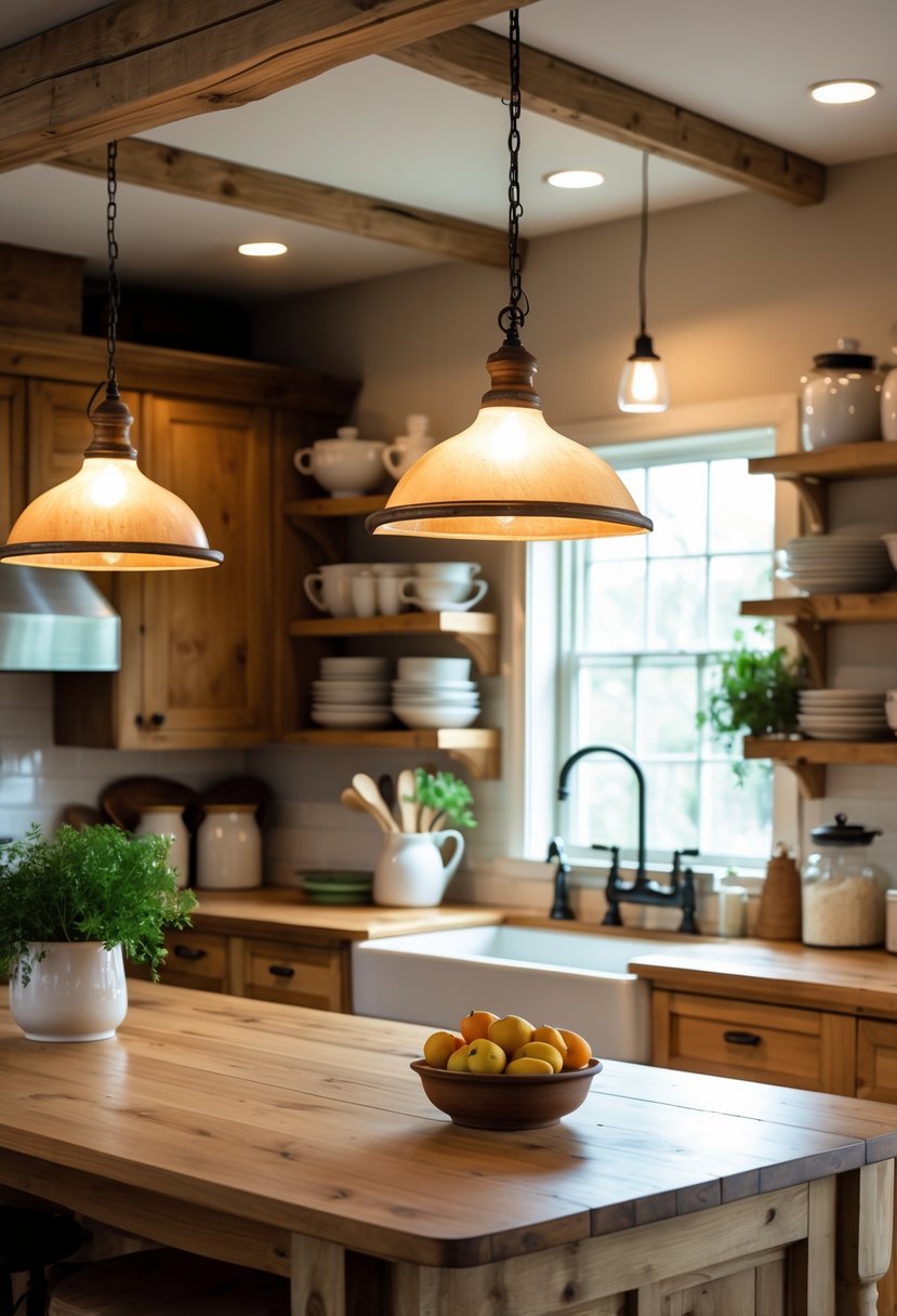 A cozy kitchen with wooden cabinets, a farmhouse sink, and pendant lights hanging over a wooden dining table.