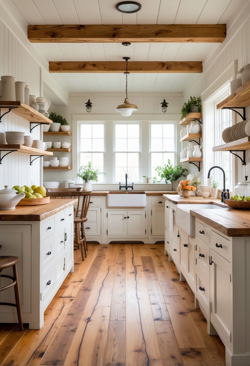 A cozy kitchen with warm wood flooring, white cabinets, wooden countertops, and a dining table with chairs under natural light.