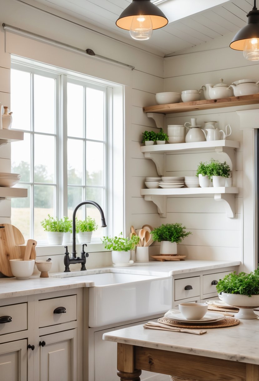A bright kitchen with marble countertops, wooden cabinets, a farmhouse sink, and a wooden dining table set with dishes.