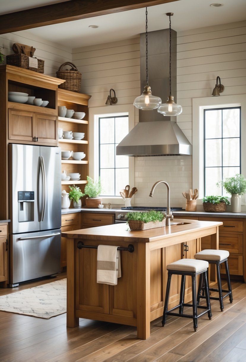 A kitchen with stainless steel appliances, wooden cabinets, a kitchen island, and natural light coming through windows.
