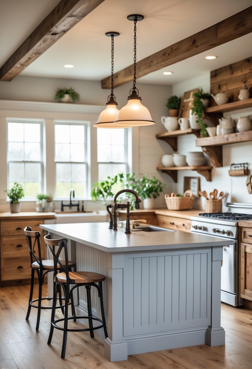 A cozy kitchen with a light gray island base, wooden cabinets, and natural light coming through large windows.
