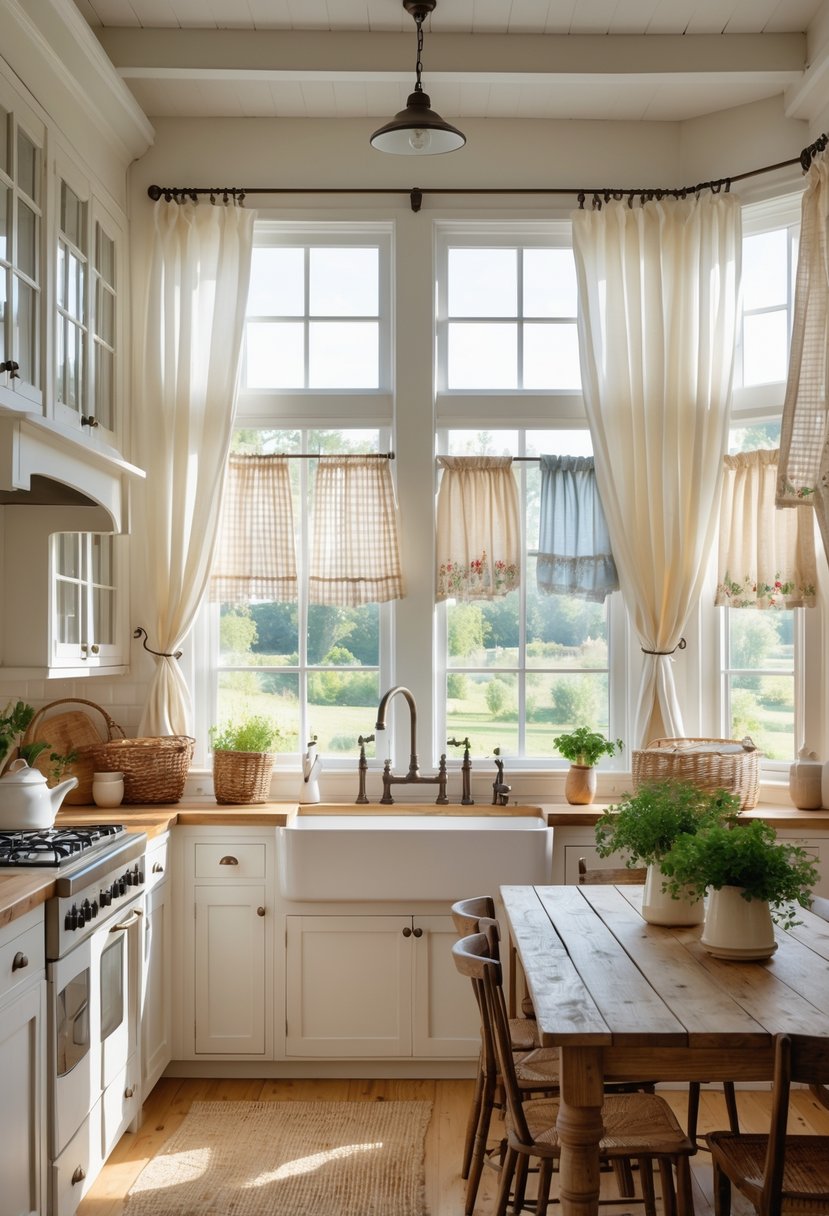 A farmhouse kitchen with fourteen different curtains hanging on various windows, showing a variety of fabrics and patterns in a warm, well-lit room.