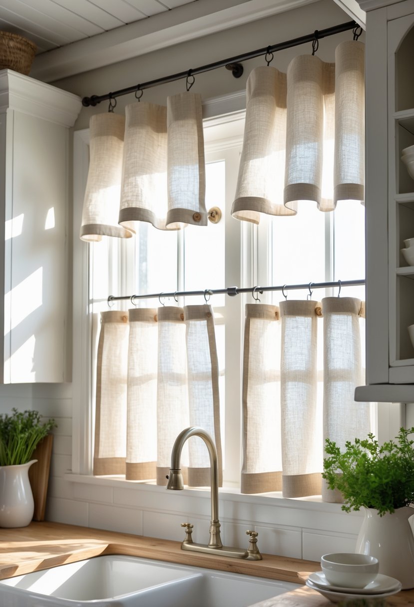 A kitchen window with light beige tier curtains featuring wooden buttons, letting in sunlight and showing part of a countertop with kitchen items.