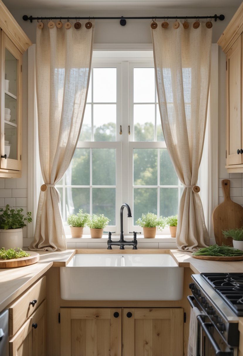 A bright farmhouse kitchen with beige linen curtains hanging over a window, natural sunlight filling the room and rustic kitchen decor visible.