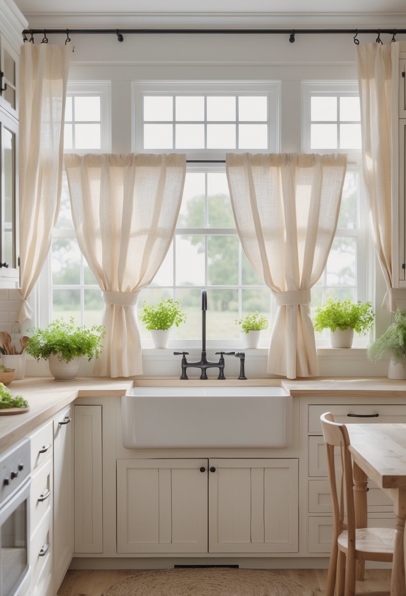 A farmhouse kitchen with multiple windows covered by light-colored curtains, rustic wooden cabinets, a farmhouse sink, and a wooden dining table with chairs.