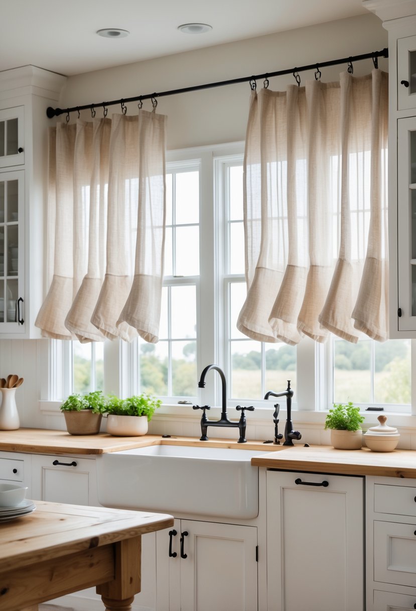 A bright kitchen with wooden cabinets and multiple windows covered by light curtains, showing a cozy and inviting cooking space.