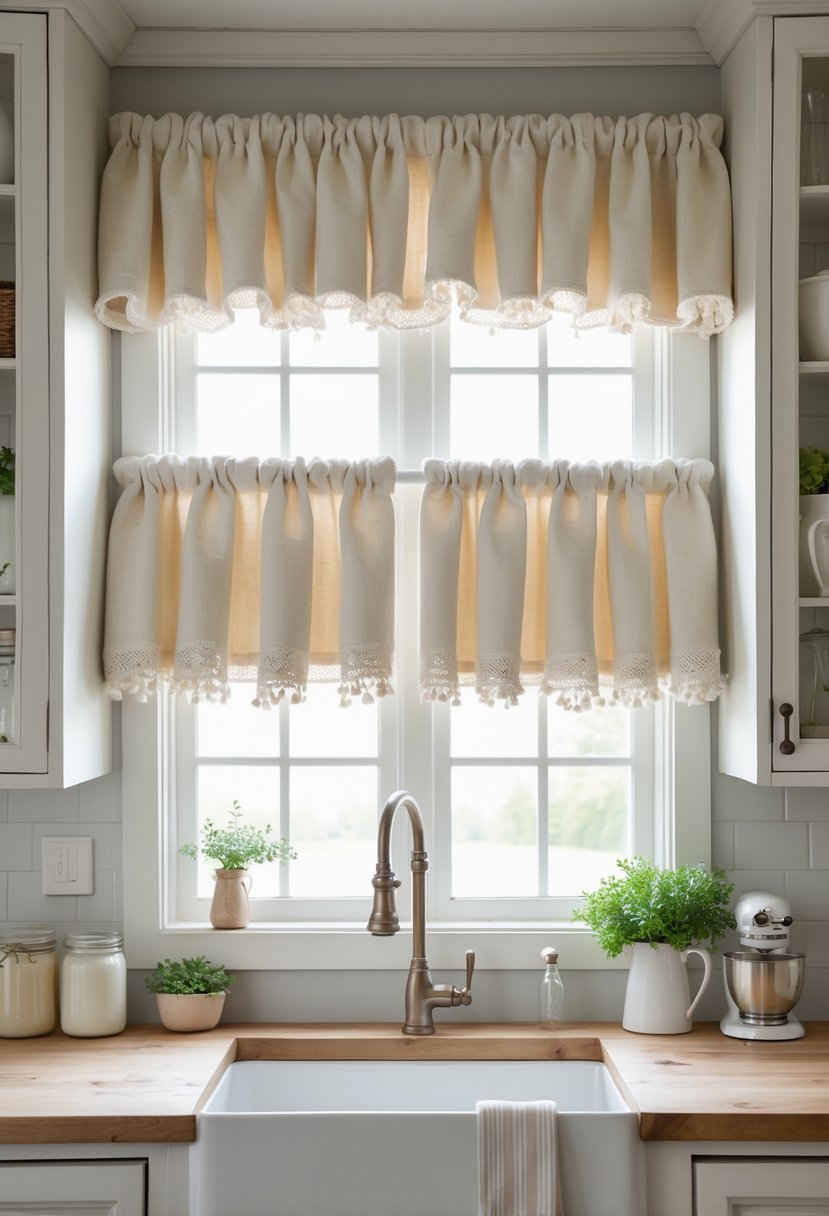 A bright kitchen window with handmade farmhouse curtains and valances, surrounded by rustic kitchen decor and natural light.