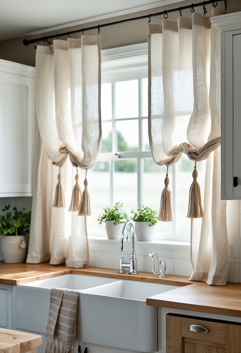 A bright kitchen with a large window covered by light linen curtains with tassels, sunlight shining through, and a wooden sink area below.