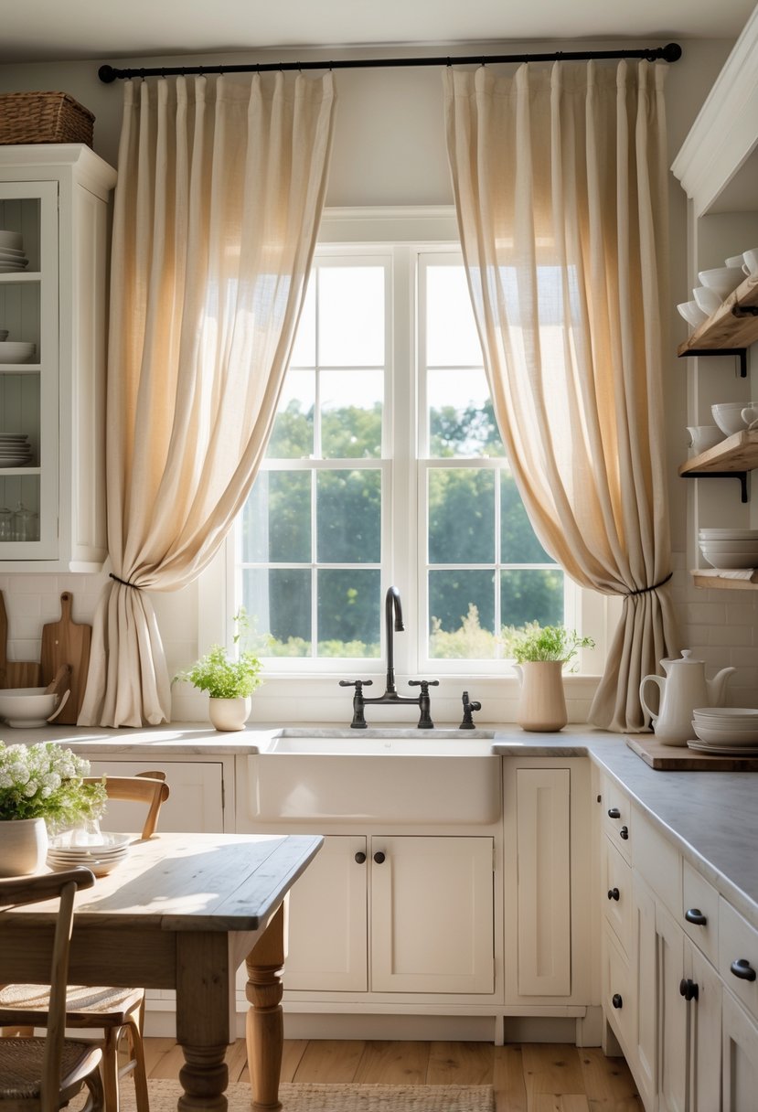 A bright kitchen with windows covered by light fabric curtains, sunlight illuminating a wooden dining table and white cabinets.