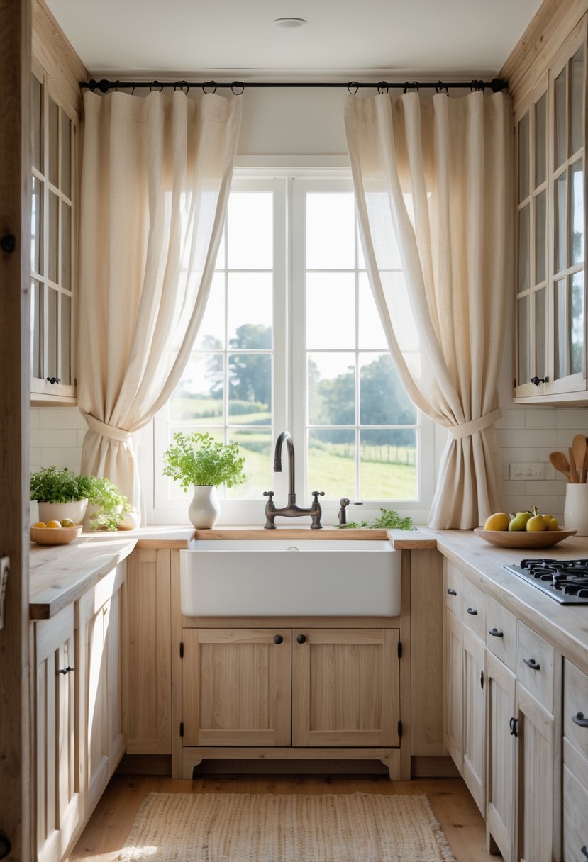 A farmhouse kitchen with a large window covered by light-colored curtains, wooden cabinets, a dining table, and natural sunlight filling the room.