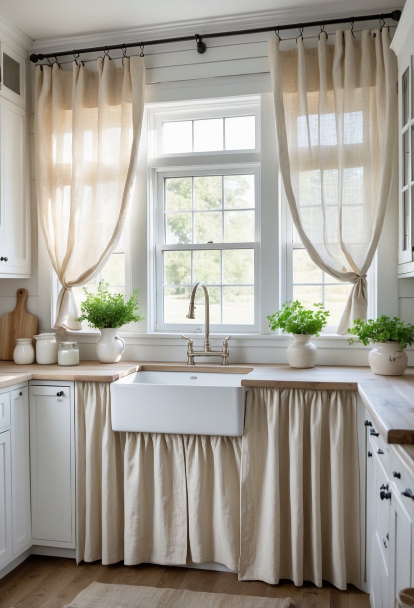 A kitchen window with light beige curtains letting in sunlight, above a farmhouse sink and white cabinets.