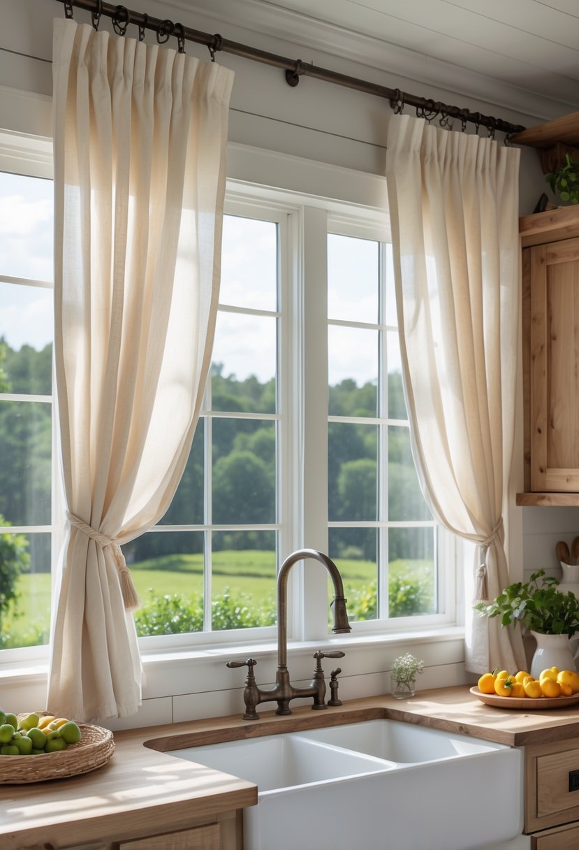 A farmhouse kitchen with a large window covered by light curtains, wooden cabinets, and a countertop with fruits and kitchenware.
