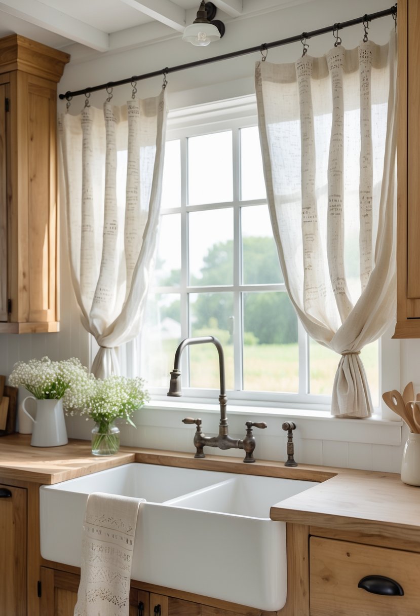 A farmhouse kitchen with natural linen curtains hanging over a window above a wooden sink, bathed in soft natural light.