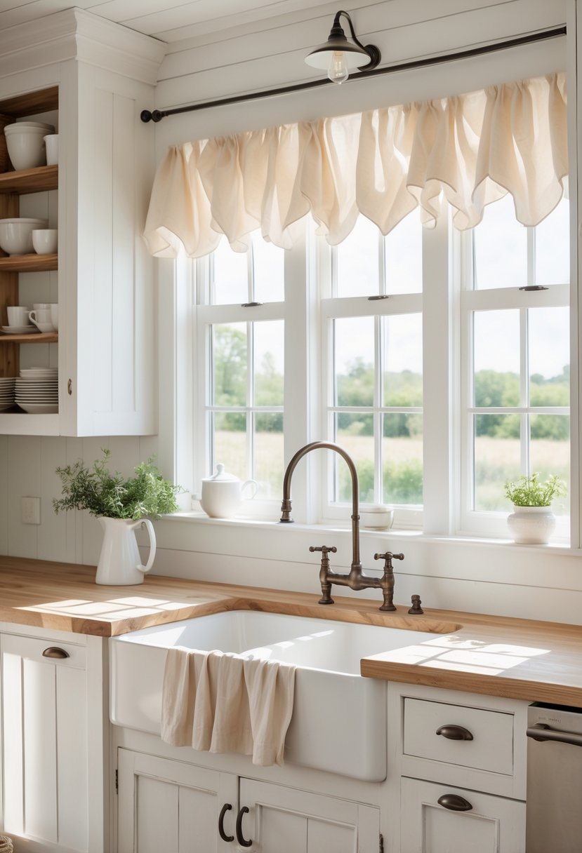 A bright farmhouse kitchen with light filtering valances over the windows, wooden cabinets, and a farmhouse sink.
