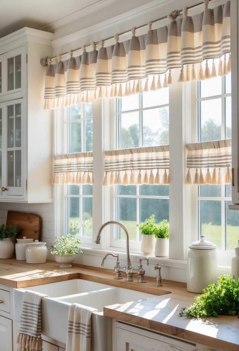 A bright kitchen with windows covered by striped curtains with tassels, sunlight illuminating wooden countertops and kitchen decor.