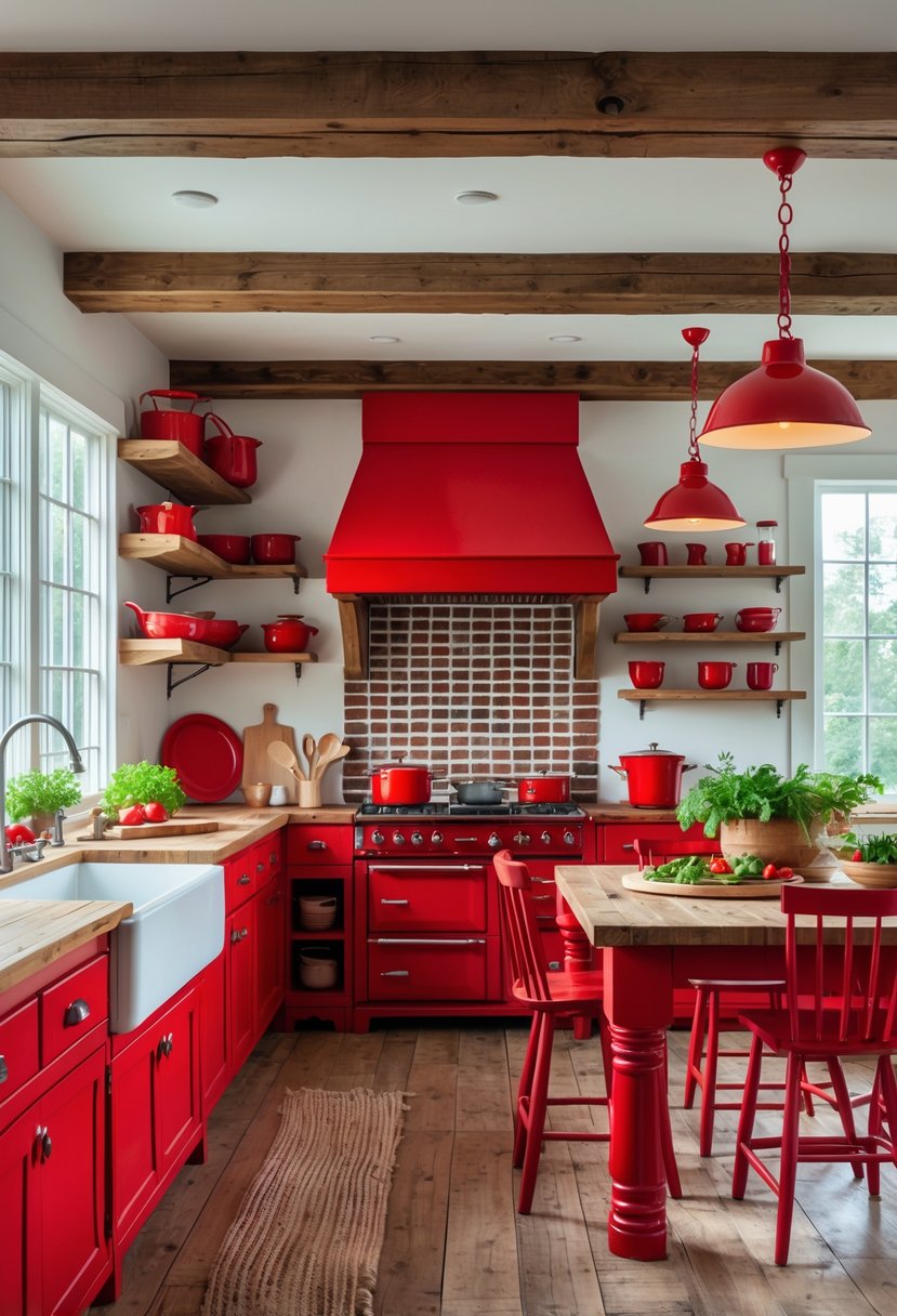 A bright farmhouse kitchen with red cabinets, a red kitchen island, and various red kitchen items, featuring wooden countertops, large windows, and rustic decor.