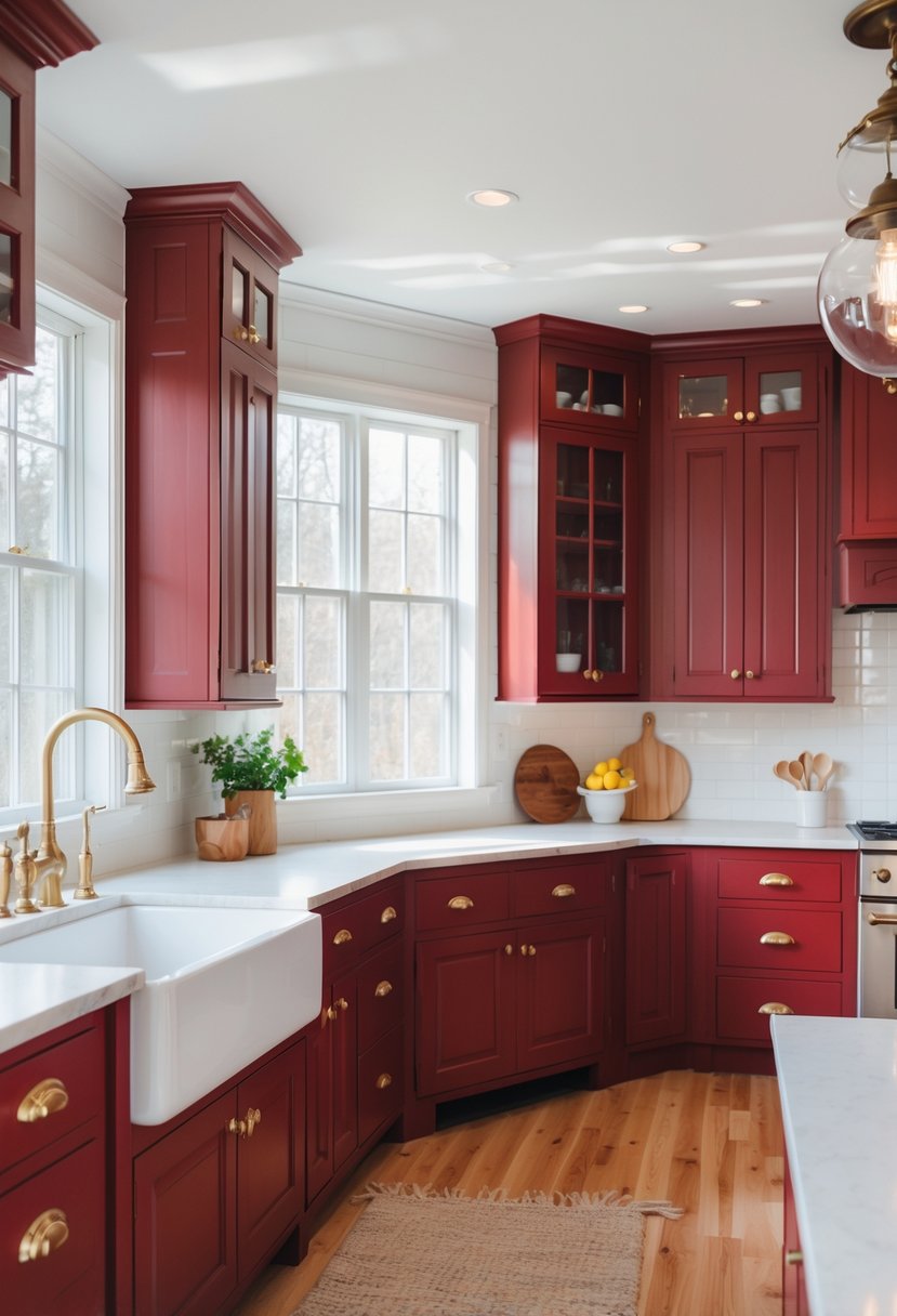 A bright farmhouse kitchen with deep red cabinets and brass hardware, featuring a large sink, wooden floors, and natural light.