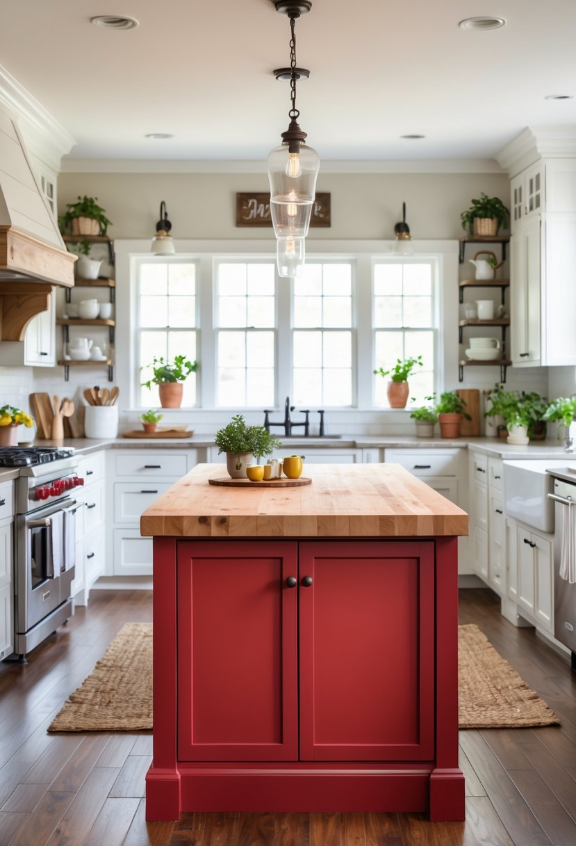 A kitchen with a cherry red island topped with a wooden butcher block countertop surrounded by white cabinets and farmhouse decor.